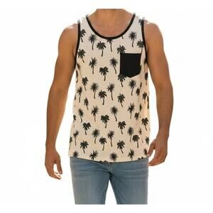 Shouthouse Palm Tree Print Tank Top L Beige Pocketed Summer Resort Streetwear